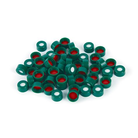 Short Screw Caps, Polypropylene, Screw-Thread, PTFE/Silicone Septa, Green, Preassembled, 2.0 mL, 9 mm, 1000-pk.